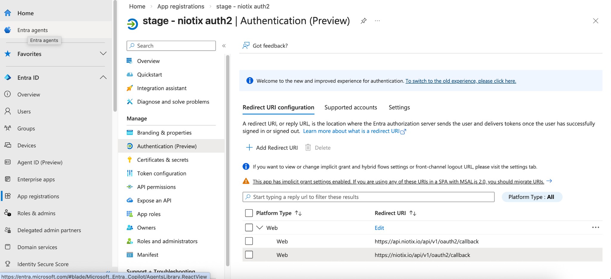Entra app registration redirect URI settings