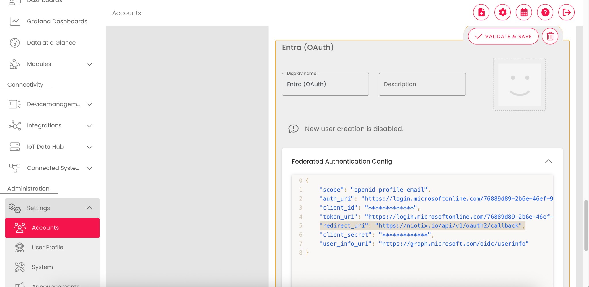 niotix account OAuth configuration with updated redirect URI